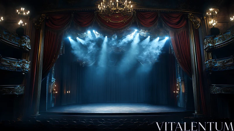 Empty ornate theater stage under blue spotlights at night.