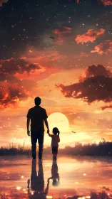 Silhouetted adult and child walking toward low sunset horizon.