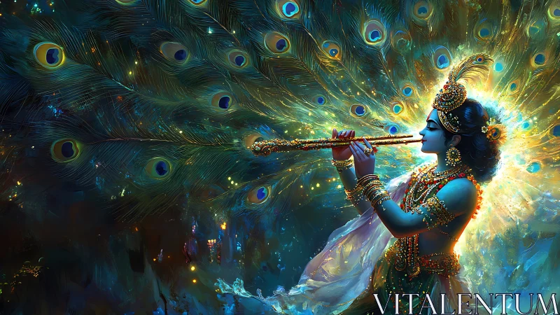 Divine flutist surrounded by glowing peacock radiance.