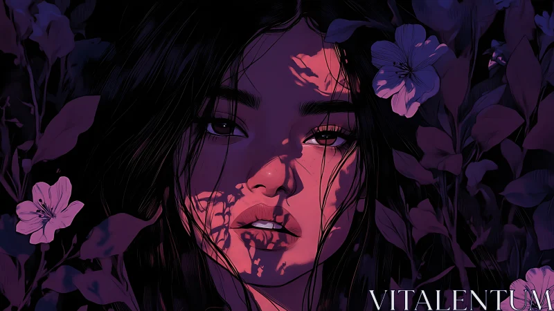 Midnight bloom portrait drenched in violet moonlit shadows.