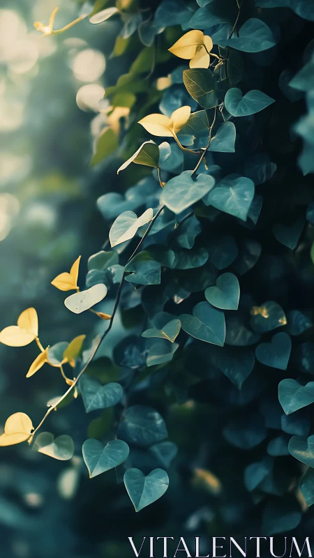 Golden heart-shaped leaves glowing softly in forest hush.