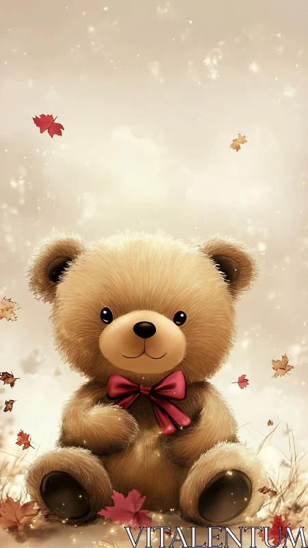 Cute teddy bear sits amid falling autumn leaves softly