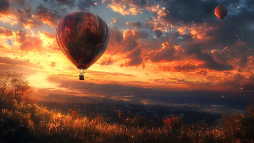 Hot air balloons drift above city at blazing sunset sky.