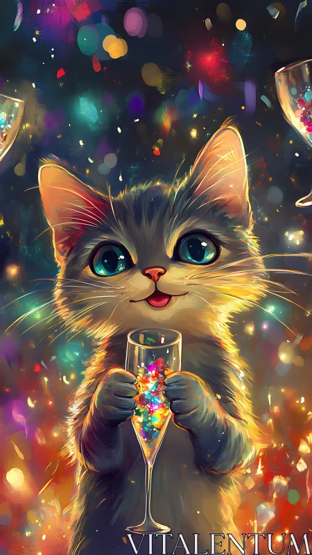 Luminescent Cat Celebrating with Neon-Infused Champagne Flute.