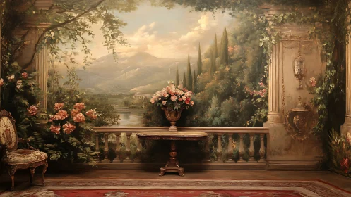 Sunlit terrace quietly introduces flowers to distant hills