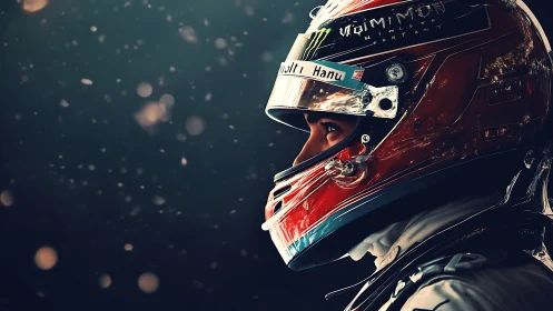 Racing driver portrait in profile with illuminated helmet.