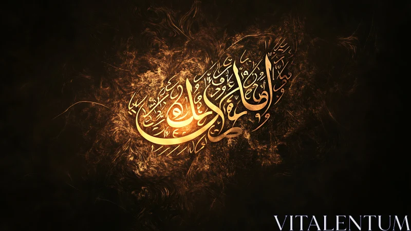 Luminous Arabic calligraphy in fiery radial light field.