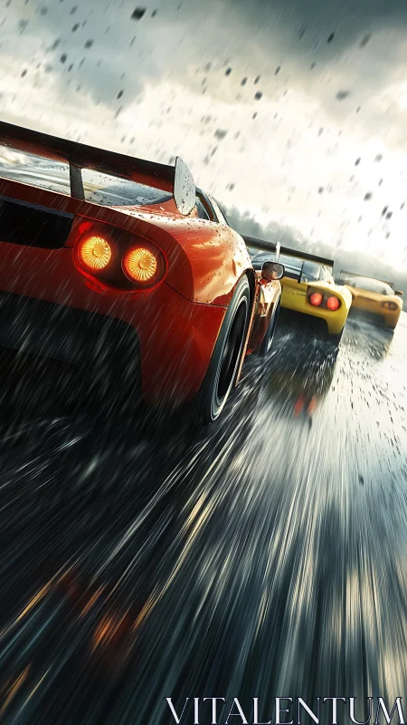 Sports cars move along a wet racetrack in heavy rainfall