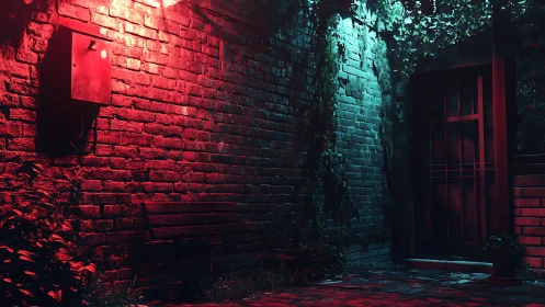 Deserted brick alley glows under red and teal night lights