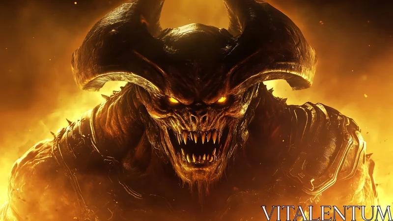 Fierce horned demon emerging from glowing molten flames.