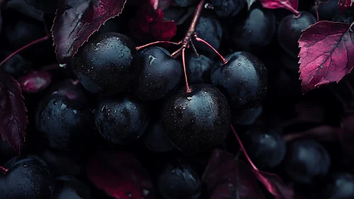 Midnight cherries brood beneath velvety wine toned leaves