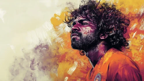 Defiant curly‑haired footballer in vivid brushstroke portrait.
