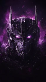 Armored cybernetic helm rendered in neon violet digital lighting