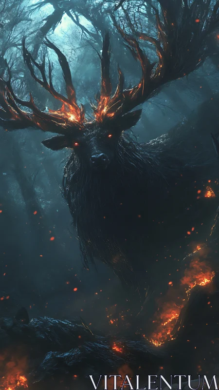 Stag-like forest entity with burning antlers in dark woodland.