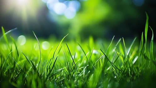 Close-up of fresh green grass with sunlight, nature photography.