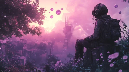 Solitary traveler gazes at neon dusk in dreamy pink sky.