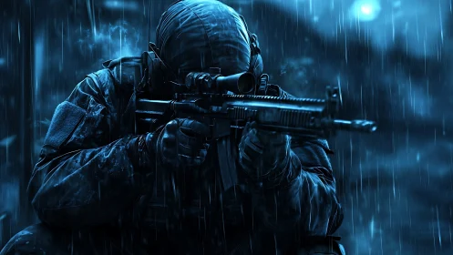 Midnight sniper locked in blue stormfire resolve.