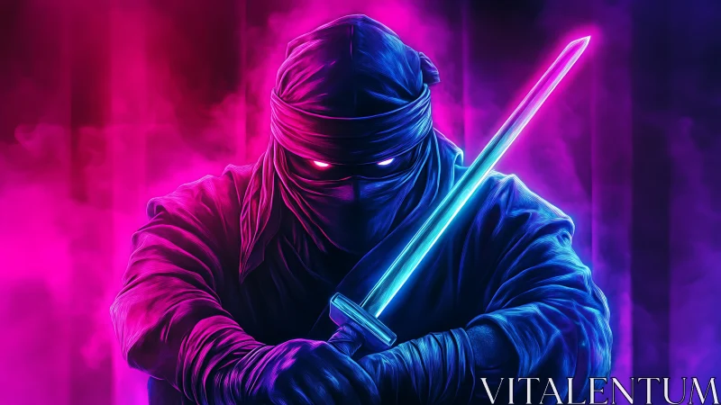 Neon-lit cyber ninja portrait with dual-tone energy katana.