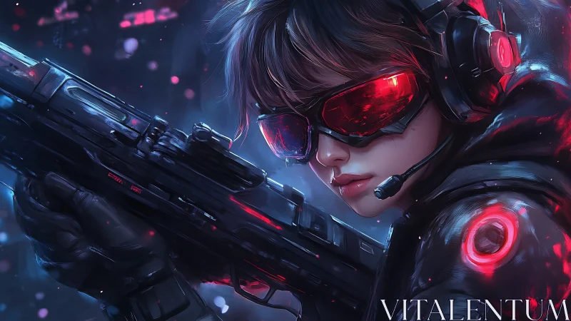 Cyberpunk sniper portrait with neon headset and visor detail.
