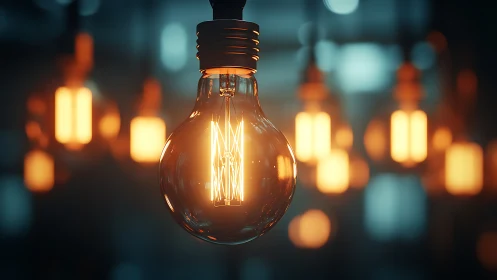 Incandescent bulb close-up with shallow depth and warm filament glow