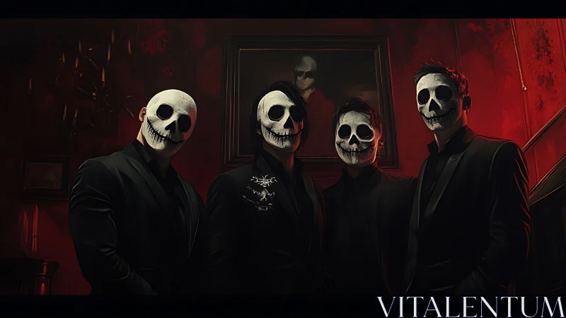 Four masked figures stand in dark suits under red interior lighting