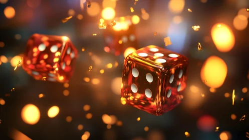 Vibrant red dice floating amid glowing bokeh lights, digital art style.