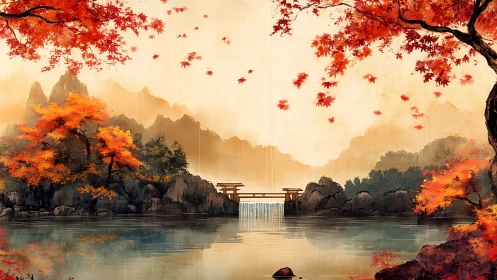 Autumn shrine over misted falls in painted mountain hush.