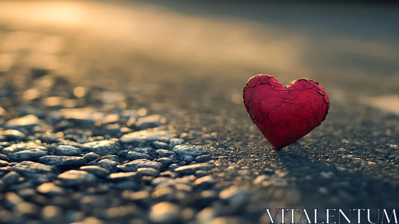 Solitary crimson heart resting on weathered pebbles.