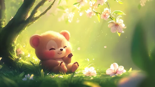 Gentle baby bear basking under dreamy spring blossoms.