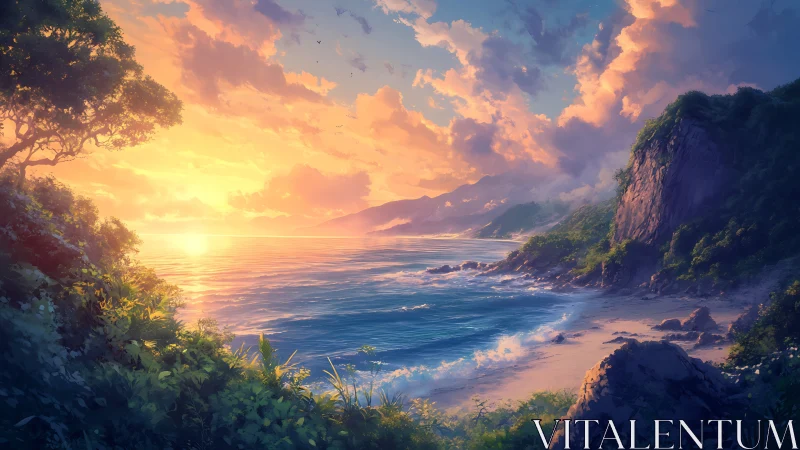 Sunlit tropical cove under radiant painterly sunset glow.