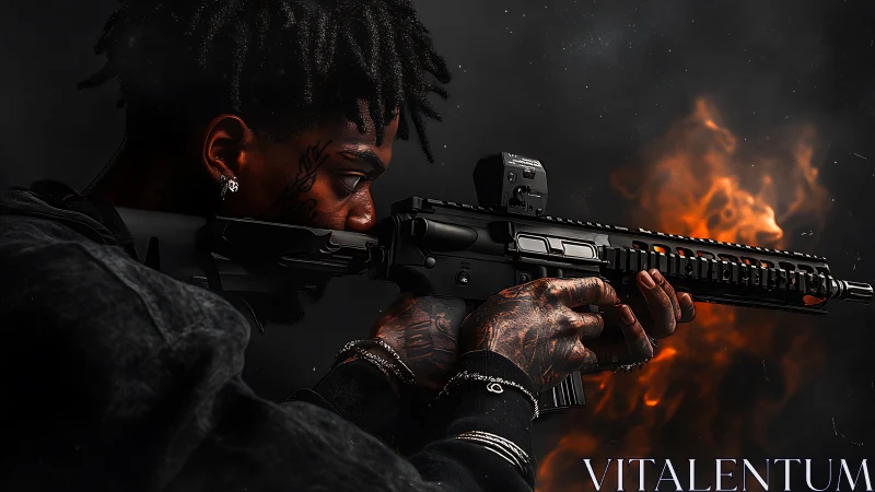 Tattooed shooter aiming rifle before blazing firestorm.