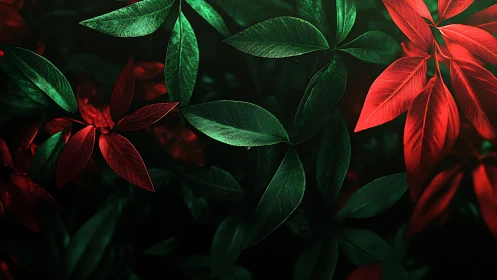 Red and green foliage rendered with dramatic directional lighting