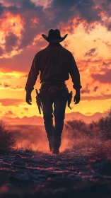 Backlit lone cowboy silhouette walks toward high-saturation sunset