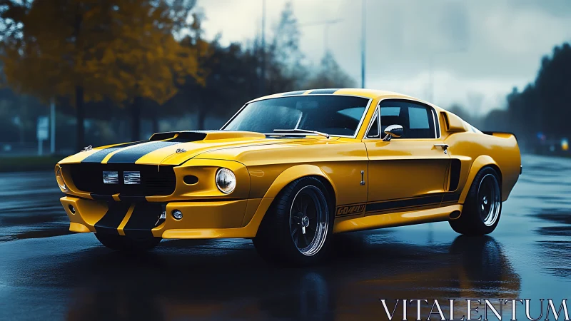 Yellow classic fastback coupe is parked on wet asphalt