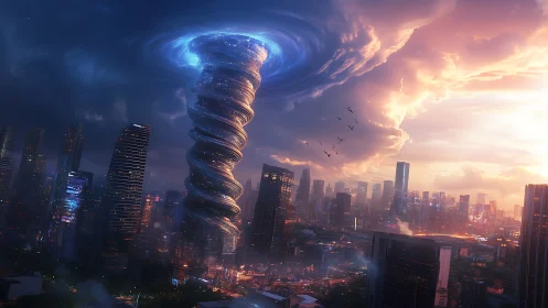 Cyberpunk vortex tower over bifurcated neon megacity skyline.