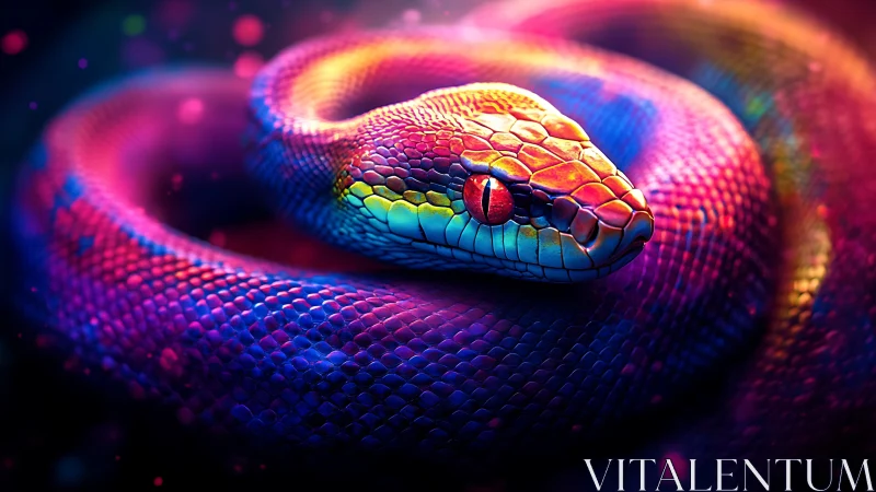 Neon dream serpent coiled in glowing rainbow light.