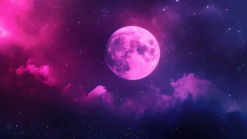 Magenta lunar disc amid violet nebula and stellar field