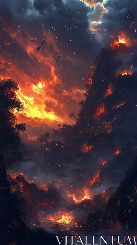 Apocalyptic Landscape Engulfed in Volcanic Fire and Smoke