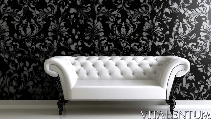 White tufted sofa contrasts with ornate black damask wall