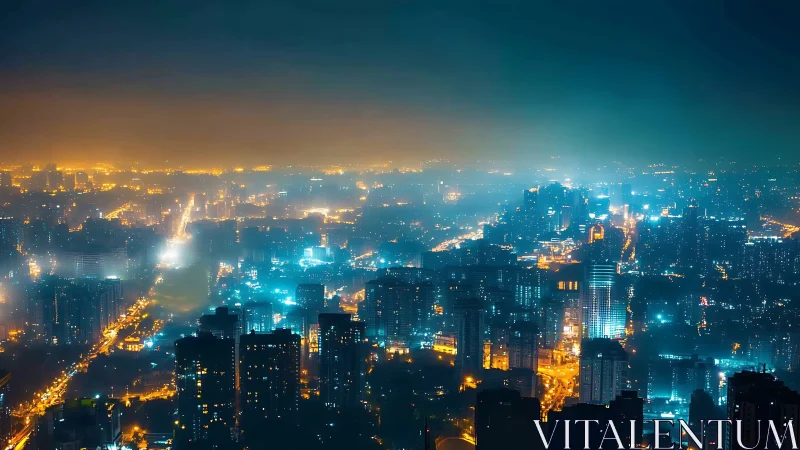 Midnight city glow where mist, towers, and roads converse.