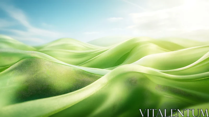 Luminous green fabric dunes under volumetric daylight sky.