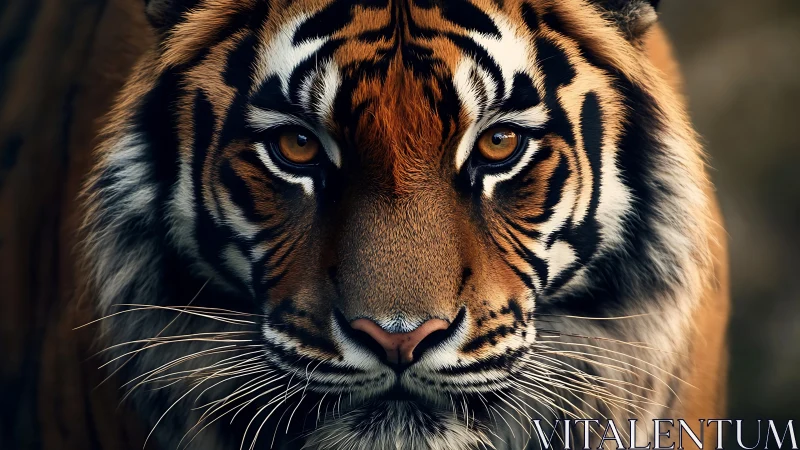 Intense tiger gaze fills the frame with piercing amber eyes.