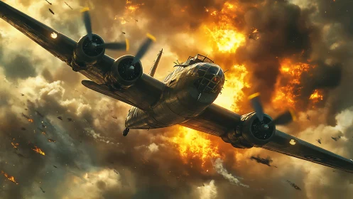 Four engine WWII bomber diving through fireball blast cloud