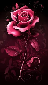 Luminous Pink Rose with Heart Center Against Dark Swirling Garden.
