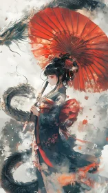 Digital painting of kimono maiden with dragon and vermilion parasol.