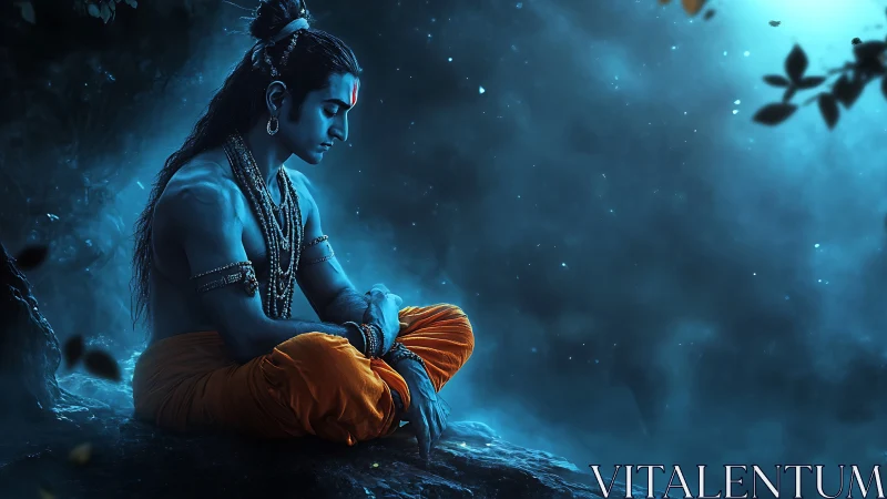 Blue-hued meditative figure rendered in luminous digital chiaroscuro