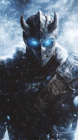 Horned ice warrior framed in blizzard with glowing blue eyes