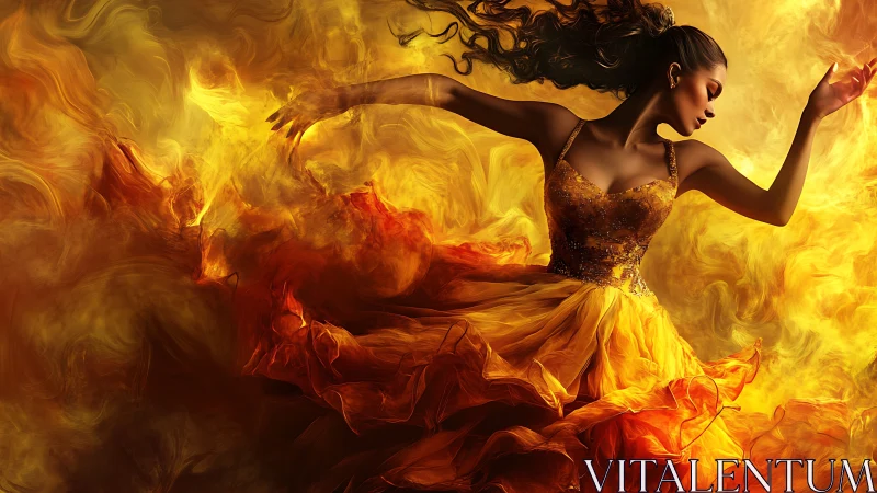Woman in Fiery Gold Gown Dances Through Flames.