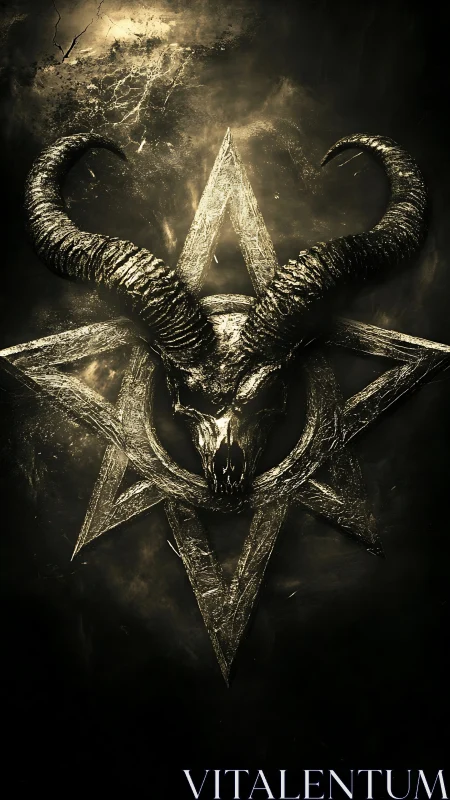 Textured demonic ram skull emblem with metallic pentagram overlay