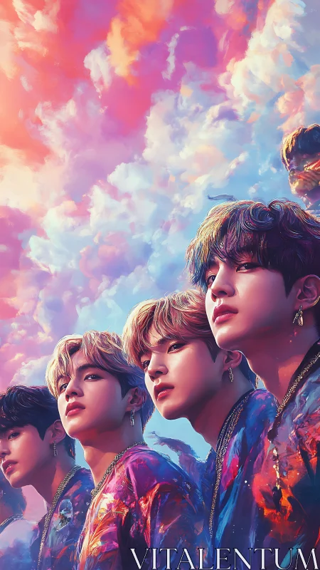 Chromatic portrait sequence under iridescent nebula sky.